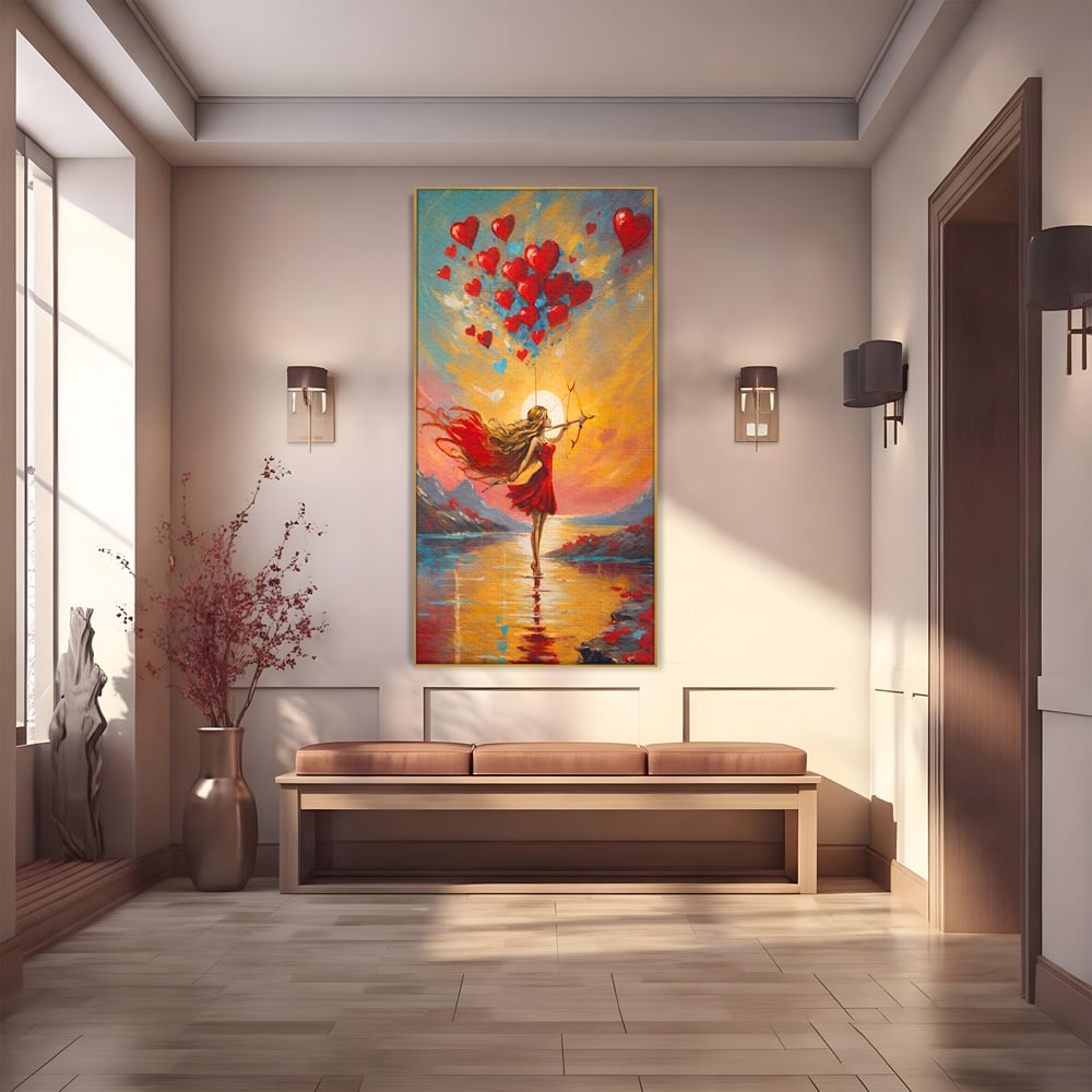 Tablou canvas cu pictura cu femeie armata cu arc si inimi, in rama de aluminiu auriu